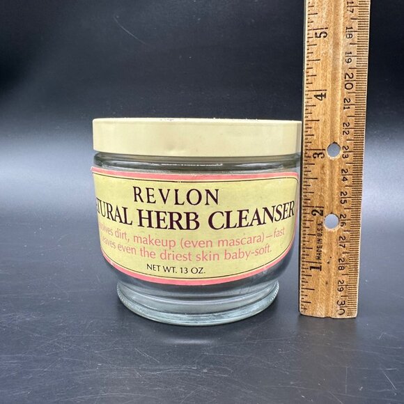 Vintage Glass Jar Makeup Remover Revlon Natural Herb Cleanser 1970s Vanity Decor